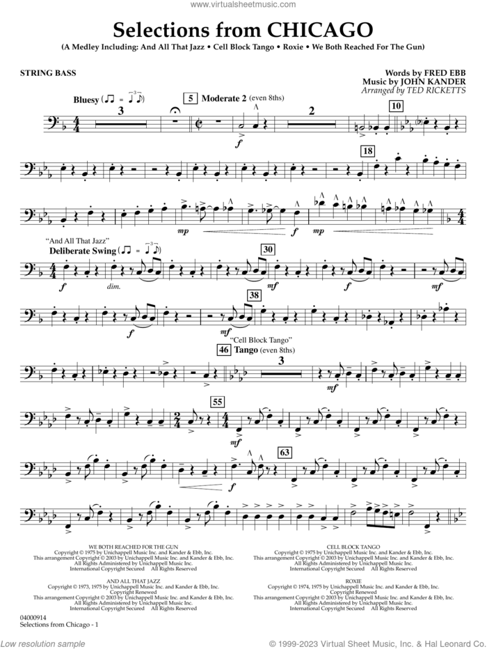 Selections from Chicago (arr. Ted Ricketts) sheet music for concert band (string bass) by John Kander, Ted Ricketts, Fred Ebb and Kander & Ebb, intermediate skill level