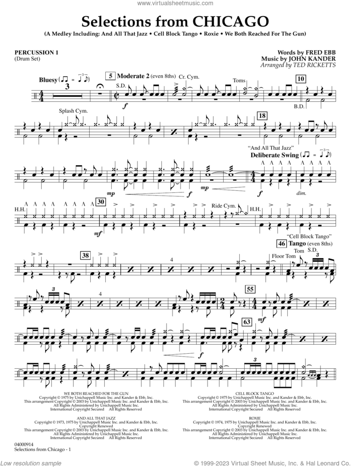 Selections from Chicago (arr. Ted Ricketts) sheet music for concert band (percussion 1) by John Kander, Ted Ricketts, Fred Ebb and Kander & Ebb, intermediate skill level