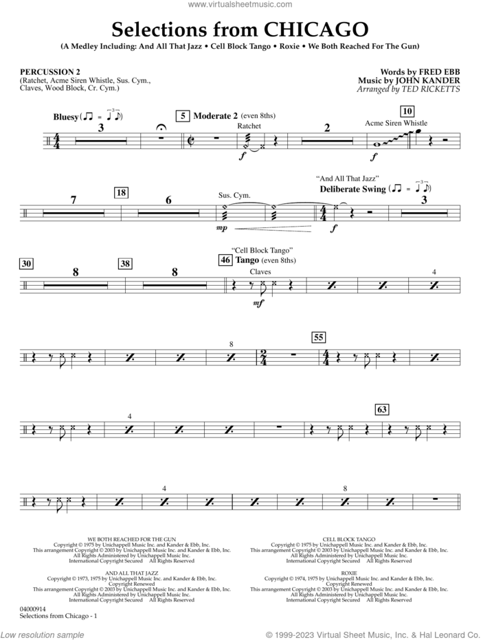 Selections from Chicago (arr. Ted Ricketts) sheet music for concert band (percussion 2) by John Kander, Ted Ricketts, Fred Ebb and Kander & Ebb, intermediate skill level
