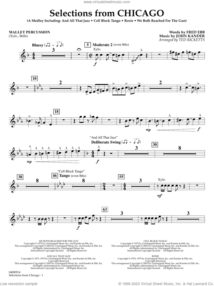 Selections from Chicago (arr. Ted Ricketts) sheet music for concert band (mallet percussion) by John Kander, Ted Ricketts, Fred Ebb and Kander & Ebb, intermediate skill level