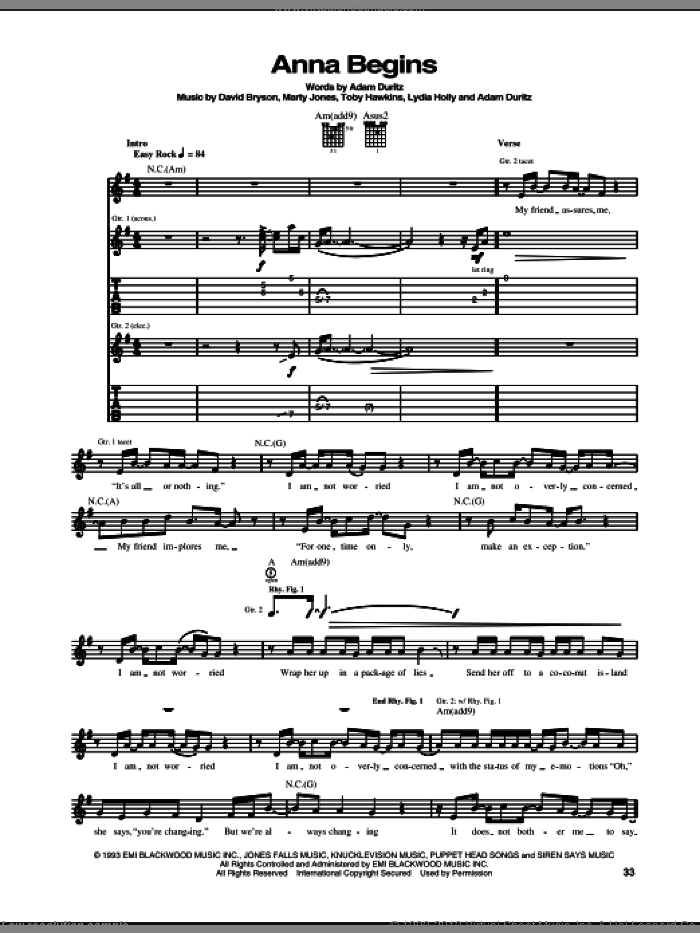 Anna Begins sheet music for guitar (tablature) by Counting Crows, Adam Duritz, David Bryson, Lydia Holly, Marty Jones and Toby Hawkins, intermediate skill level