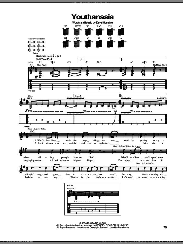 Youthanasia sheet music for guitar (tablature) by Megadeth, Dave Ellefson, Dave Mustaine, Martin Friedman and Nick Menza, intermediate skill level