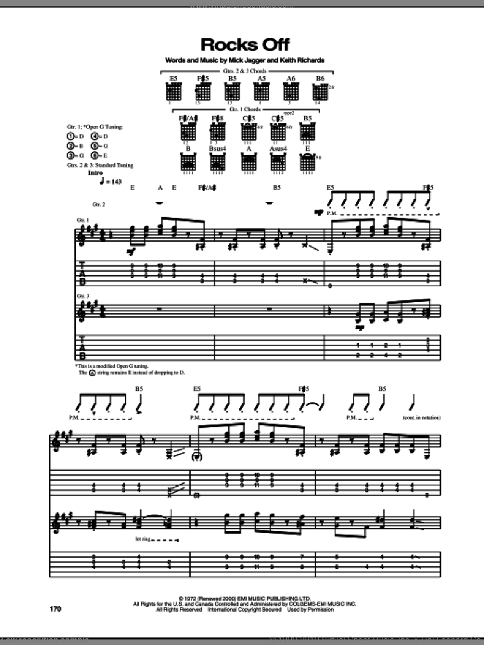 Rocks Off sheet music for guitar (tablature) by The Rolling Stones, Keith Richards and Mick Jagger, intermediate skill level