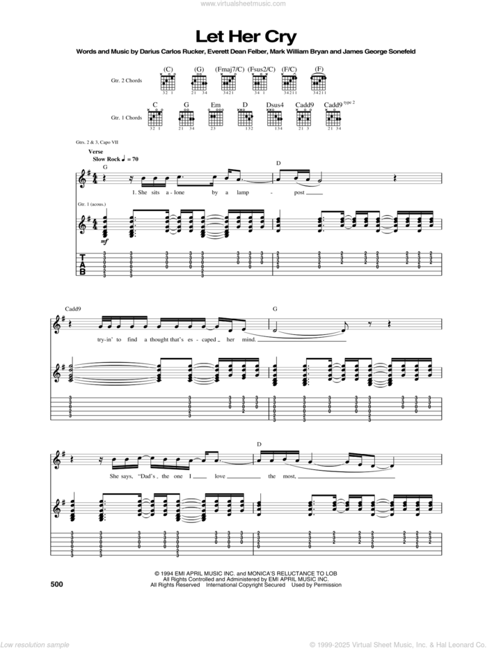 Let Her Cry sheet music for guitar (tablature) by Hootie & The Blowfish, Darius Carlos Rucker, Everett Dean Felber, James George Sonefeld and Mark William Bryan, intermediate skill level