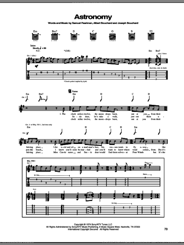 Astronomy sheet music for guitar (tablature) by Blue Oyster Cult, Albert Bouchard, Joseph Bouchard and Samuel Pearlman, intermediate skill level