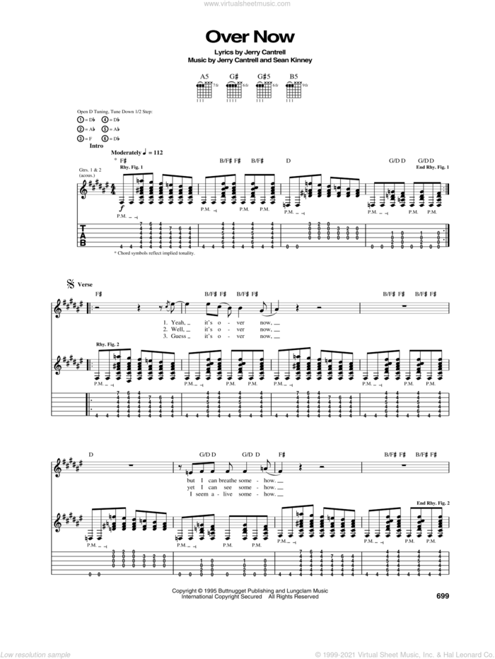 Over Now sheet music for guitar (tablature) by Alice In Chains, Jerry Cantrell and Sean Kinney, intermediate skill level