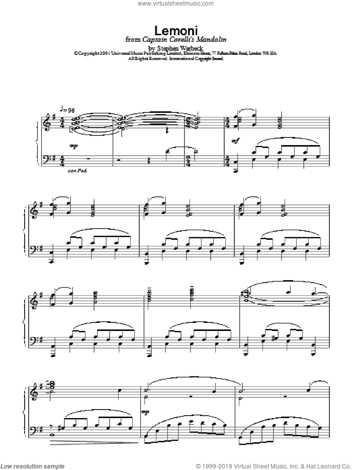Lemoni sheet music for piano solo by Stephen Warbeck, intermediate skill level
