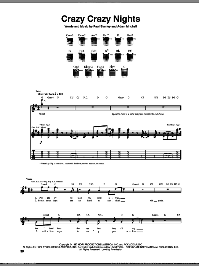 Crazy Crazy Nights sheet music for guitar (tablature) by KISS, Adam Mitchell and Paul Stanley, intermediate skill level