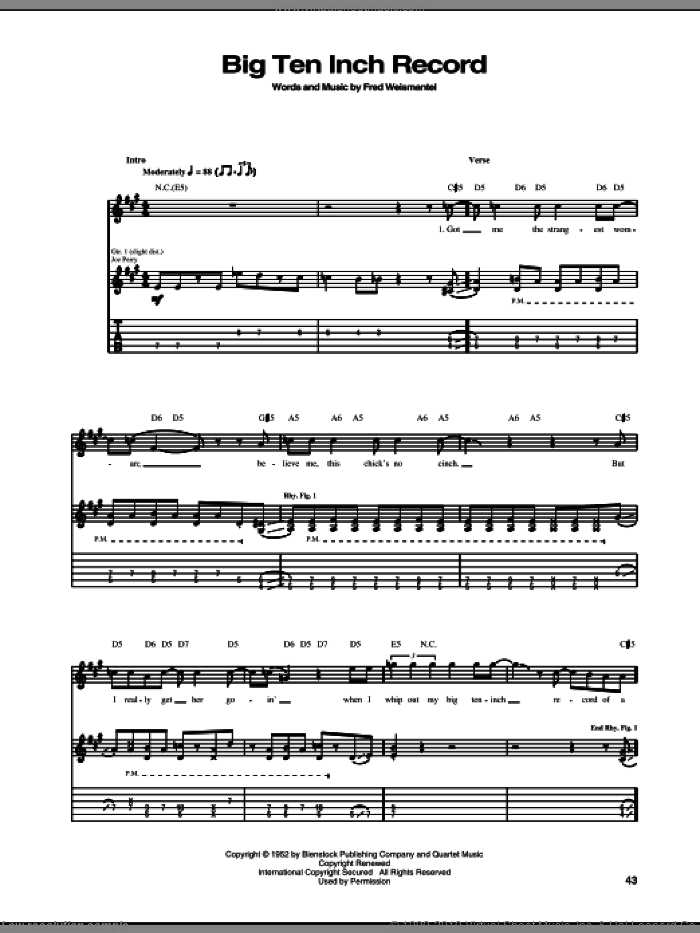 Big Ten Inch Record sheet music for guitar (tablature) by Aerosmith and Fred Weismantel, intermediate skill level
