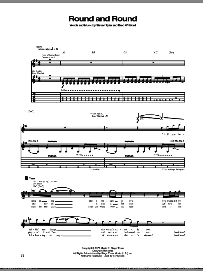 Round And Round sheet music for guitar (tablature) by Aerosmith, Brad Whitford and Steven Tyler, intermediate skill level