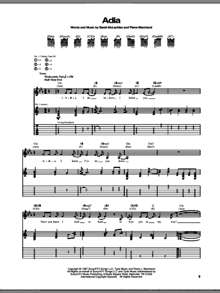 Adia sheet music for guitar (tablature) by Sarah McLachlan and Pierre Marchand, intermediate skill level