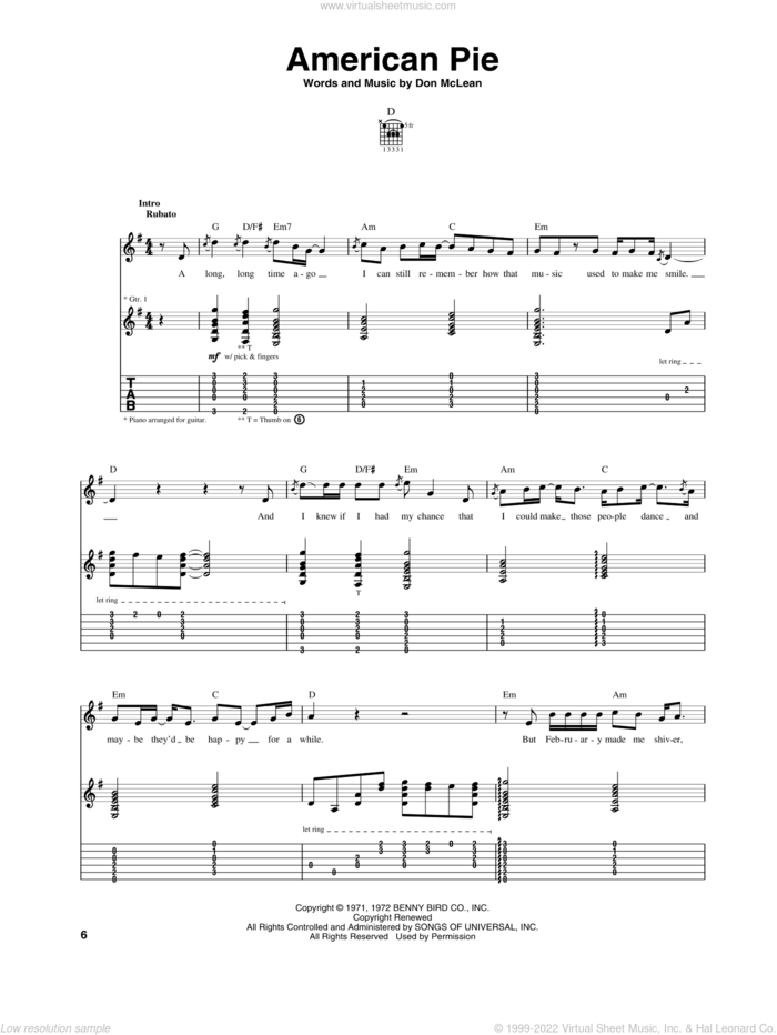 American Pie sheet music for guitar (tablature) by Don McLean, intermediate skill level