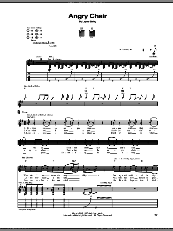 Angry Chair sheet music for guitar (tablature) by Alice In Chains and Layne Staley, intermediate skill level