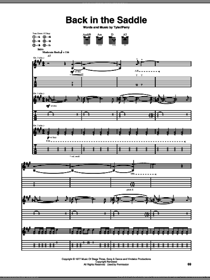 Back In The Saddle sheet music for guitar (tablature) by Aerosmith, Joe Perry and Steven Tyler, intermediate skill level