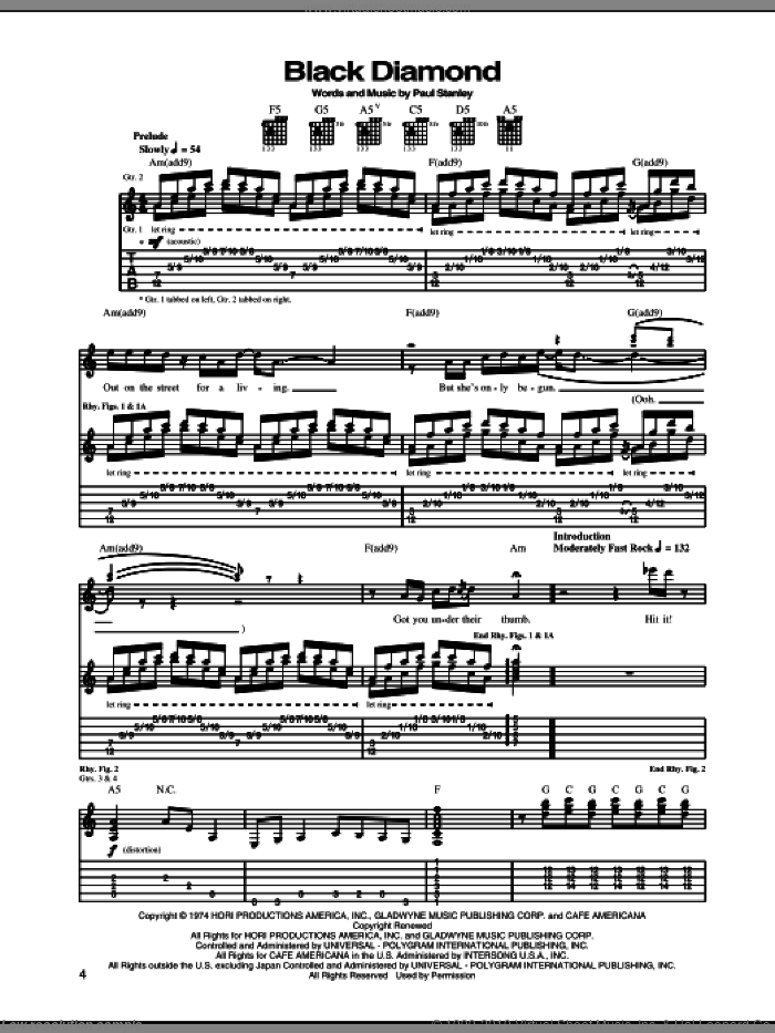 Black Diamond sheet music for guitar (tablature) by KISS and Paul Stanley, intermediate skill level