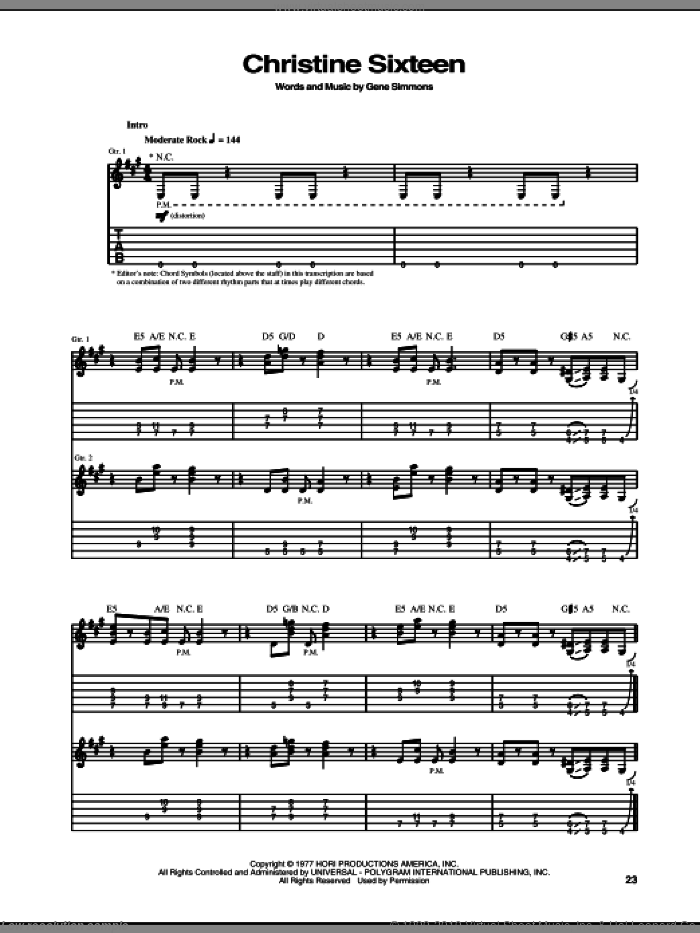Christine Sixteen sheet music for guitar (tablature) by KISS and Gene Simmons, intermediate skill level