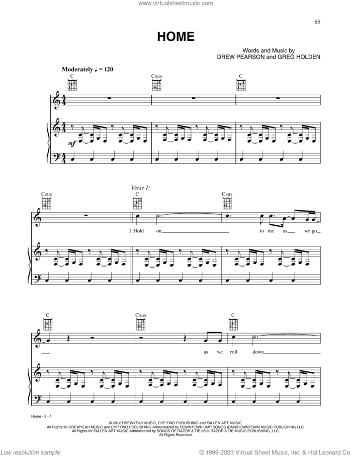 Home sheet music for voice, piano or guitar by Phillip Phillips, Drew Pearson and Greg Holden, intermediate skill level