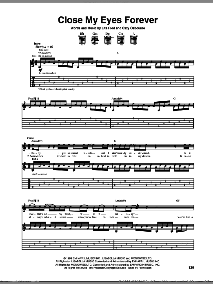 Close My Eyes Forever sheet music for guitar (tablature) by Ozzy Osbourne and Lita Ford, intermediate skill level
