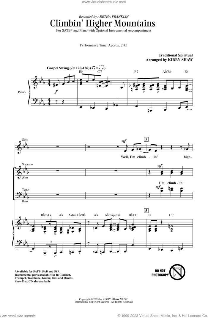 Climbin' Higher Mountains (arr. Kirby Shaw) sheet music for choir (SATB: soprano, alto, tenor, bass) by Aretha Franklin, Kirby Shaw and Miscellaneous, intermediate skill level