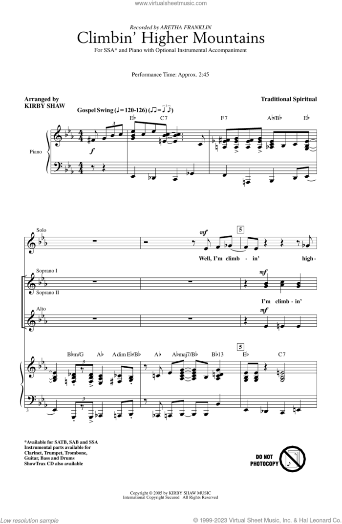 Climbin' Higher Mountains (arr. Kirby Shaw) sheet music for choir (SSA: soprano, alto) by Aretha Franklin, Kirby Shaw and Miscellaneous, intermediate skill level