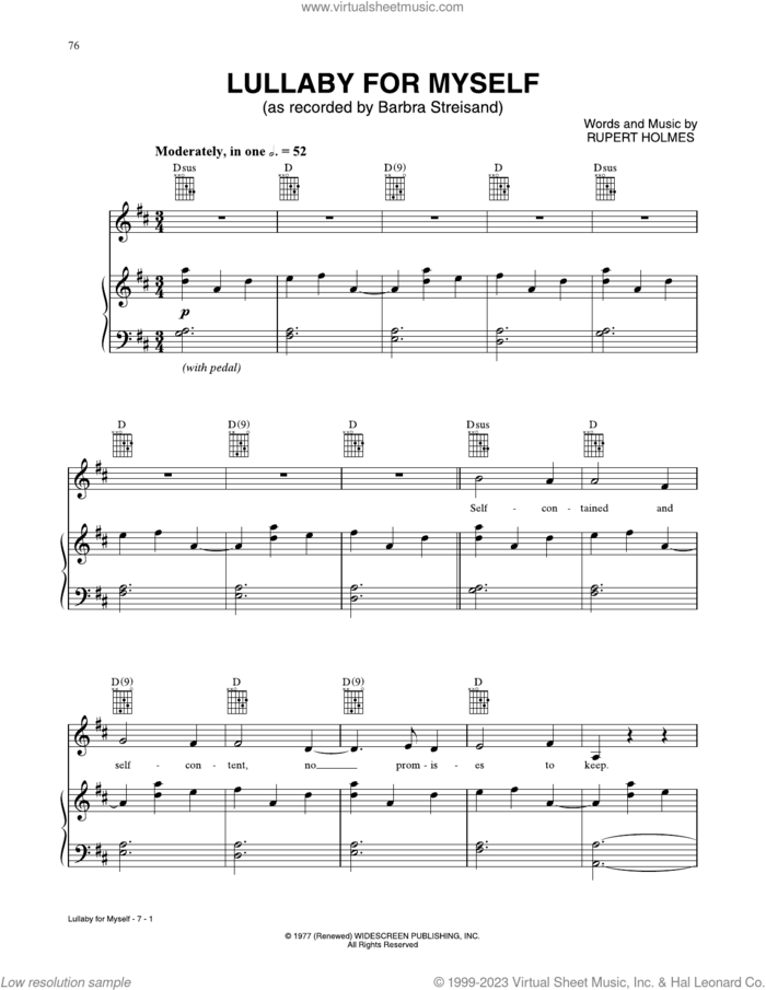 Lullaby For Myself sheet music for voice, piano or guitar by Barbra Streisand and Rupert Holmes, intermediate skill level