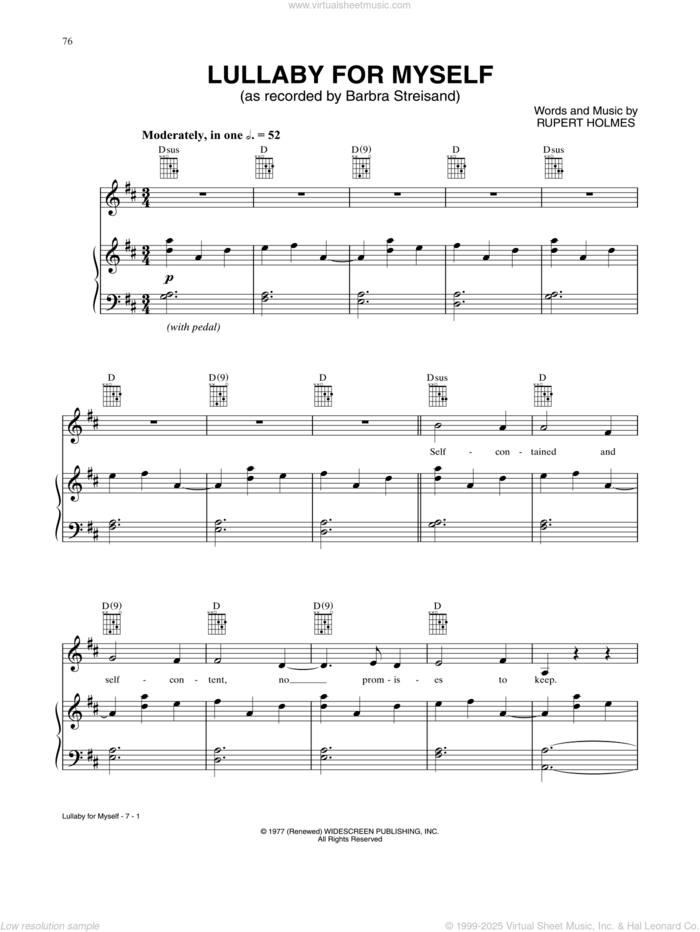 Lullaby For Myself sheet music for voice, piano or guitar by Barbra Streisand and Rupert Holmes, intermediate skill level