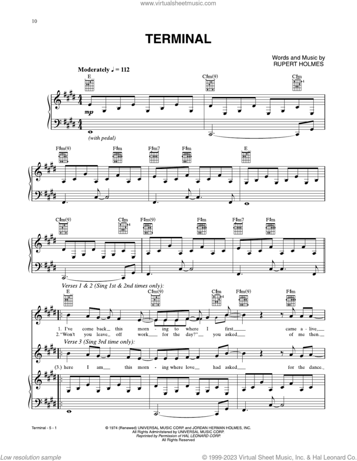 Terminal sheet music for voice, piano or guitar by Rupert Holmes, intermediate skill level