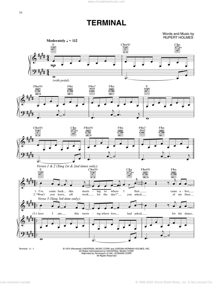 Terminal sheet music for voice, piano or guitar by Rupert Holmes, intermediate skill level