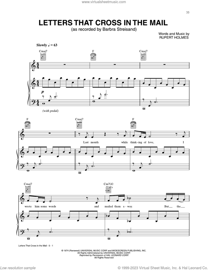 Letters That Cross In The Mail sheet music for voice, piano or guitar by Barbra Streisand and Rupert Holmes, intermediate skill level