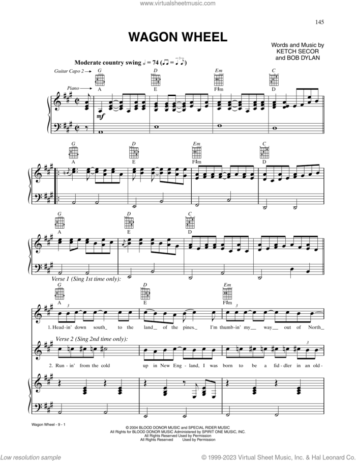 Wagon Wheel sheet music for voice, piano or guitar by Bob Dylan and Ketch Secor, intermediate skill level