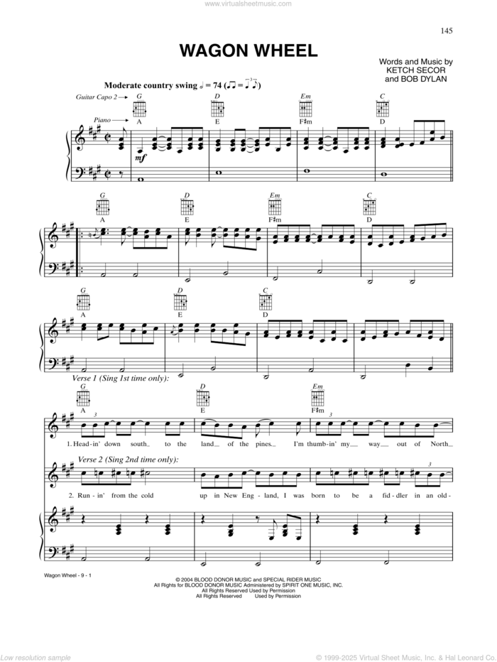 Wagon Wheel sheet music for voice, piano or guitar by Bob Dylan and Ketch Secor, intermediate skill level