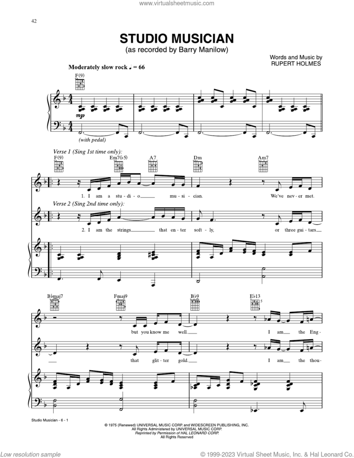Studio Musician sheet music for voice, piano or guitar by Barry Manilow and Rupert Holmes, intermediate skill level