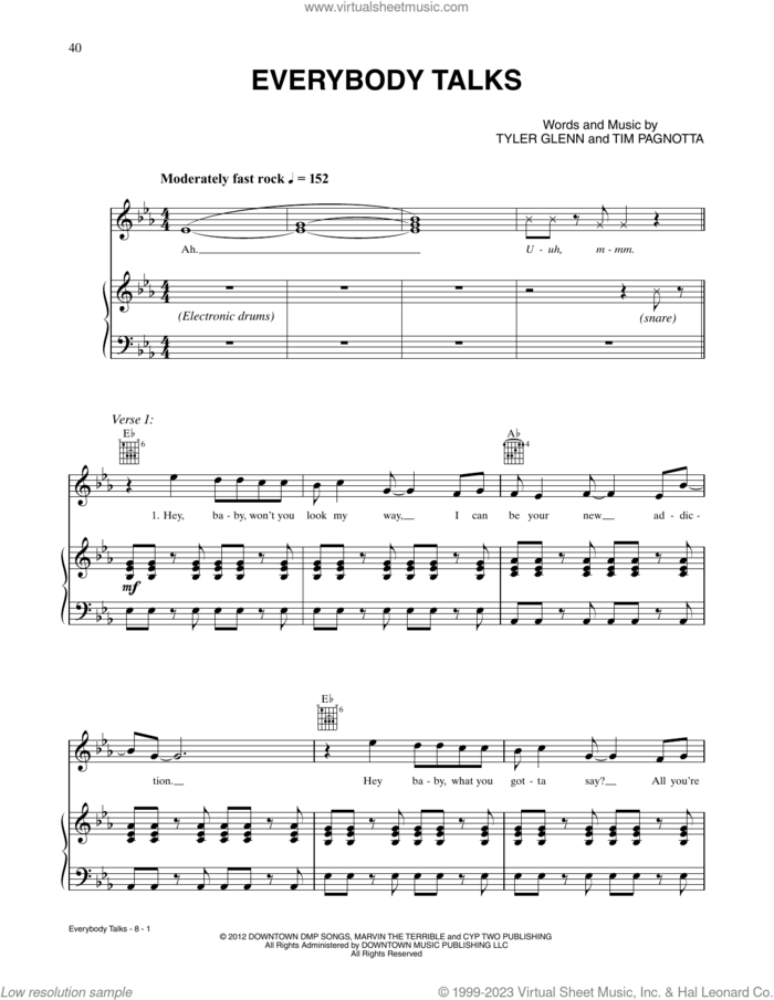 Everybody Talks sheet music for voice, piano or guitar by Neon Trees, Tim Pagnotta and Tyler Glenn, intermediate skill level