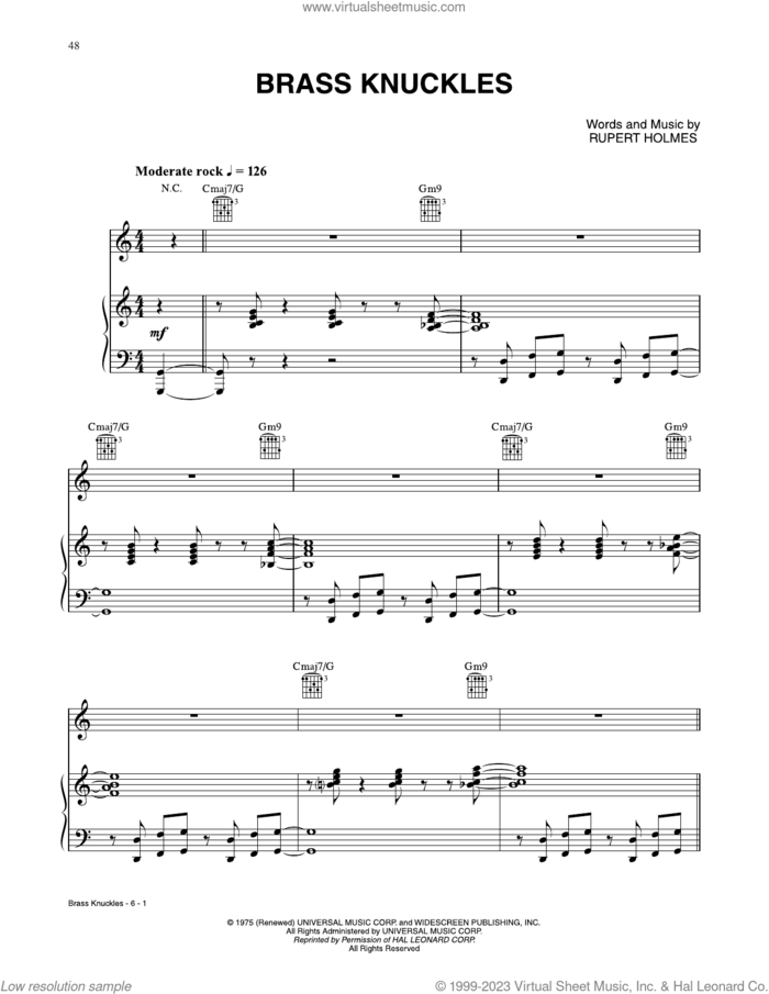 Brass Knuckles sheet music for voice, piano or guitar by Rupert Holmes, intermediate skill level