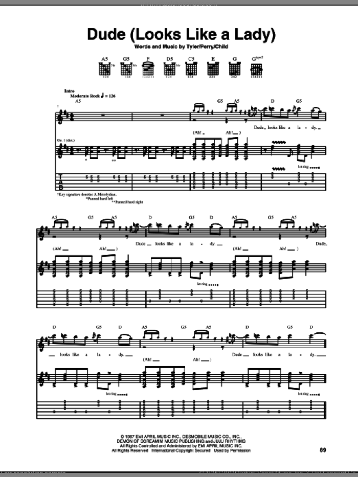 Dude (Looks Like A Lady) sheet music for guitar (tablature) by Aerosmith, Desmond Child, Joe Perry and Steven Tyler, intermediate skill level