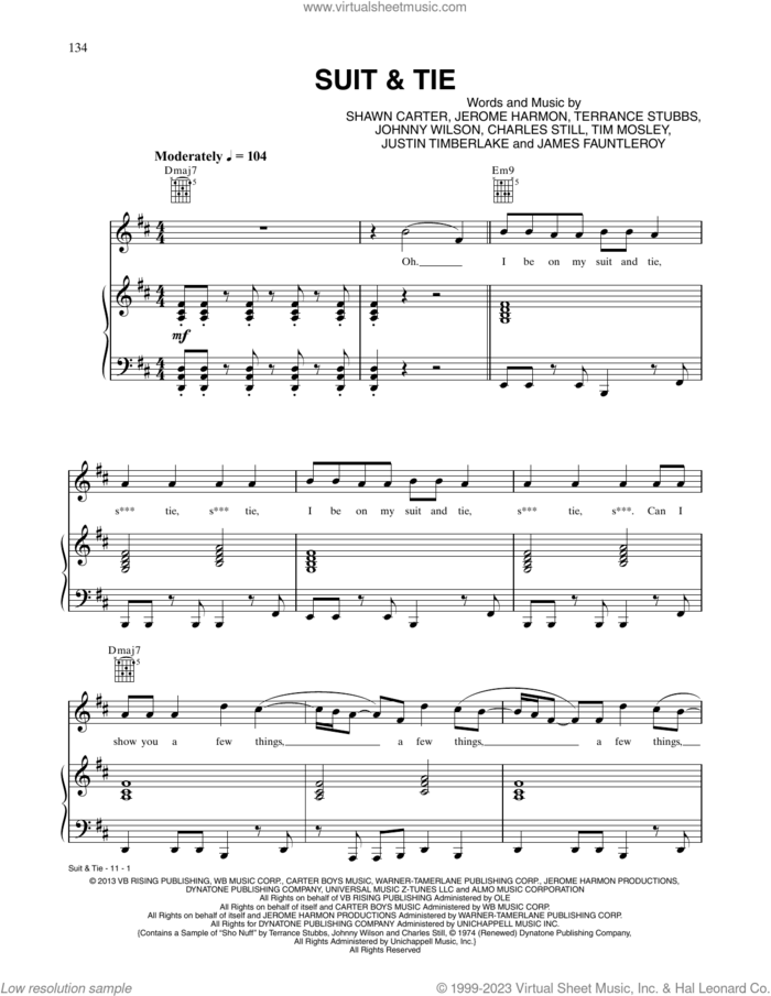 Suit and Tie sheet music for voice, piano or guitar by Justin Timberlake, Charles Still, James Fauntleroy, Jerome Harmon, Johnny Wilson, Shawn Carter, Terry Stubbs and Tim Mosley, intermediate skill level