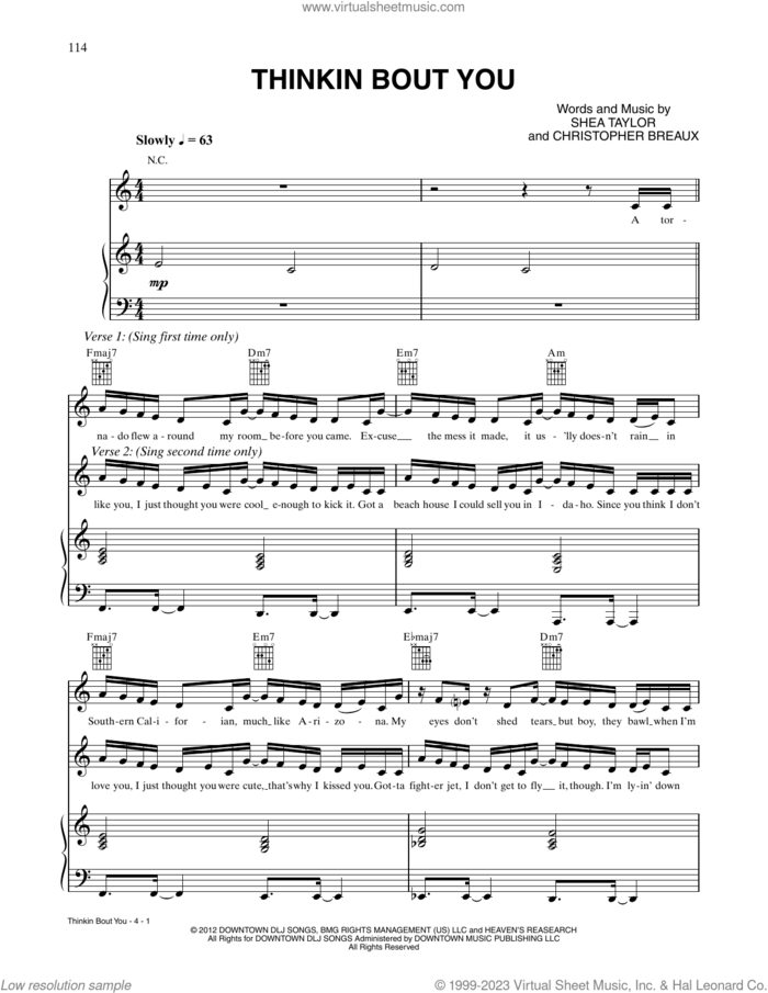 Thinkin' 'Bout You sheet music for voice, piano or guitar by Frank Ocean and Shea Taylor, intermediate skill level