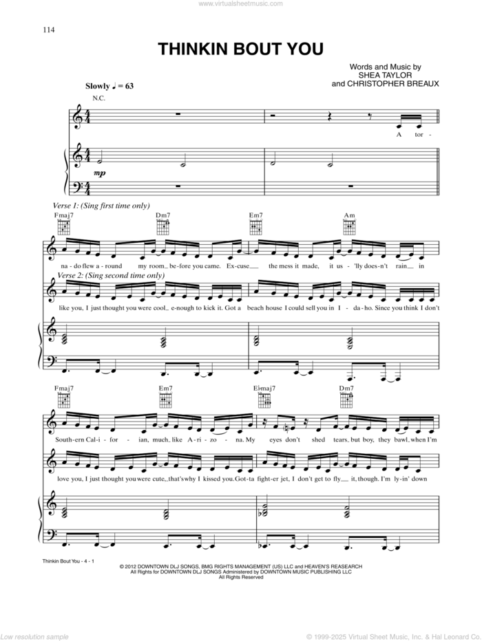 Thinkin' 'Bout You sheet music for voice, piano or guitar by Frank Ocean and Shea Taylor, intermediate skill level