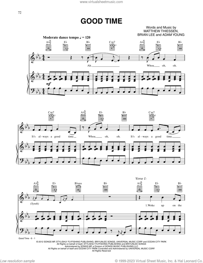 Good Time sheet music for voice, piano or guitar by Owl City and Carly Rae Jepsen, Adam Young, Brian Lee and Matthew Thiessen, intermediate skill level