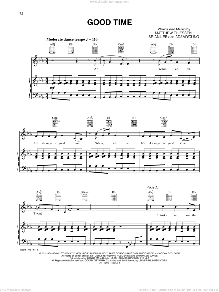 Good Time sheet music for voice, piano or guitar by Owl City and Carly Rae Jepsen, Adam Young, Brian Lee and Matthew Thiessen, intermediate skill level