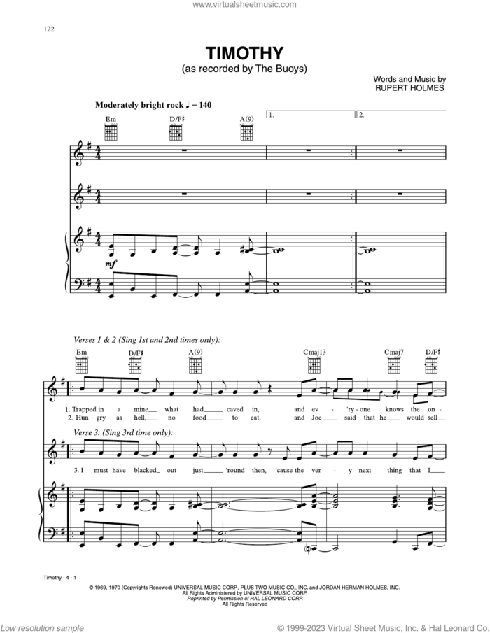 Timothy sheet music for voice, piano or guitar by The Buoys and Rupert Holmes, intermediate skill level