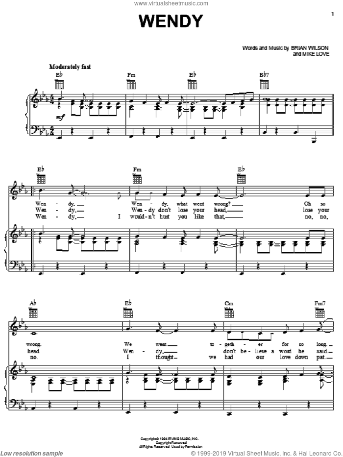 Wendy sheet music for voice, piano or guitar by The Beach Boys, Brian Wilson and Mike Love, intermediate skill level