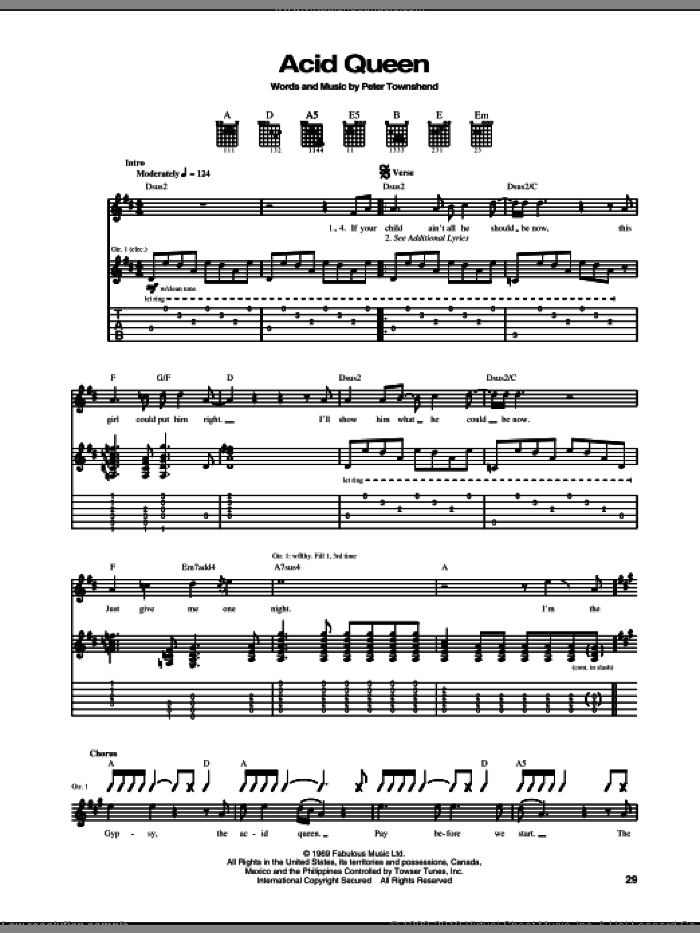 Acid Queen sheet music for guitar (tablature) by The Who and Pete Townshend, intermediate skill level