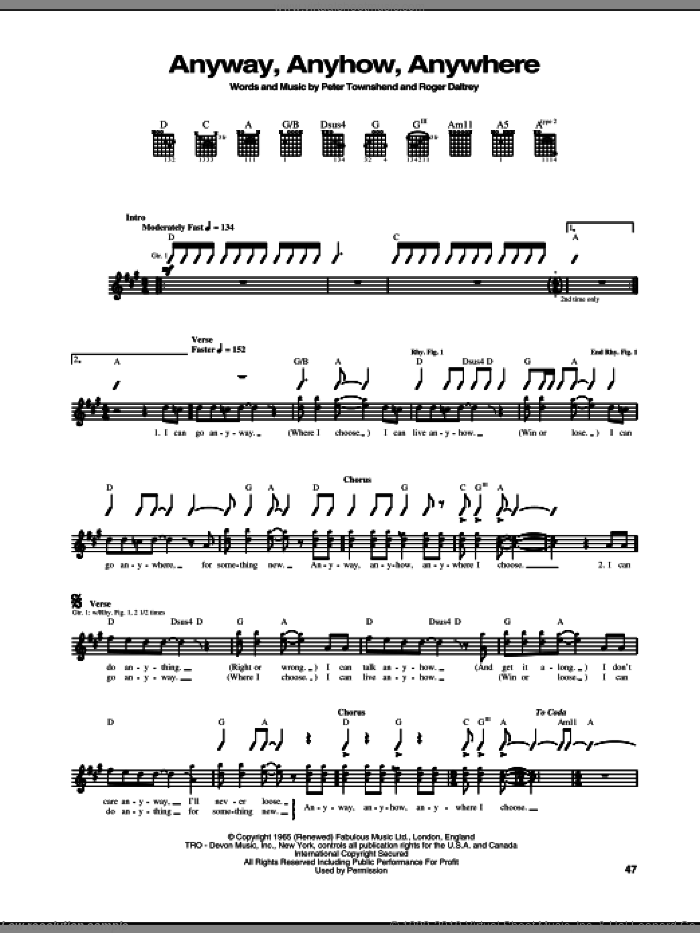 Anyway, Anyhow, Anywhere sheet music for guitar (tablature) by The Who, Pete Townshend and Roger Daltrey, intermediate skill level