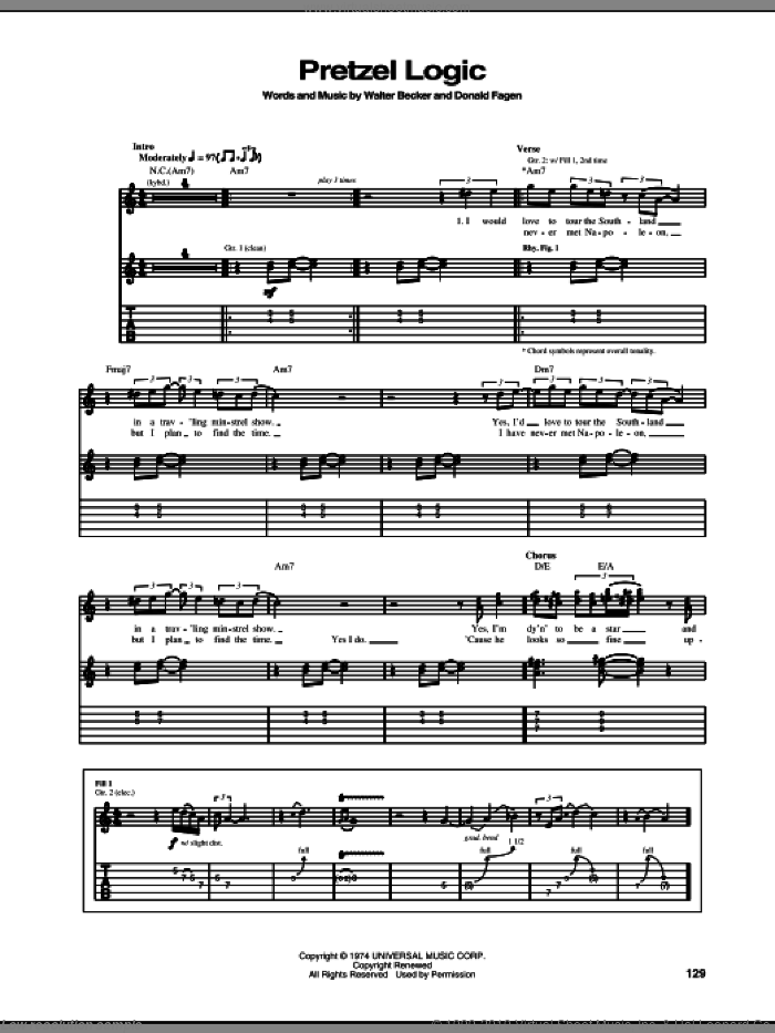 Pretzel Logic sheet music for guitar (tablature) by Steely Dan, Donald Fagen and Walter Becker, intermediate skill level