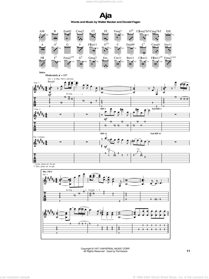 Aja sheet music for guitar (tablature) by Steely Dan, Donald Fagen and Walter Becker, intermediate skill level