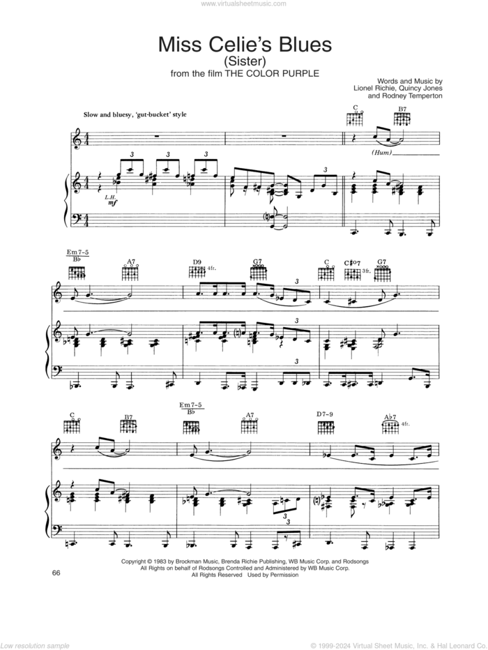 Miss Celie's Blues (Sister) (from The Color Purple) sheet music for voice, piano or guitar by Táta Vega, Lionel Richie, Quincy Jones and Rodney Temperton, intermediate skill level