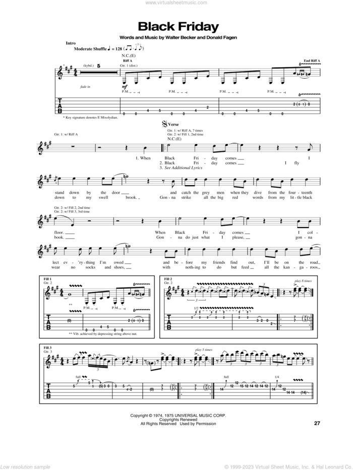 Black Friday sheet music for guitar (tablature) by Steely Dan, Donald Fagen and Walter Becker, intermediate skill level