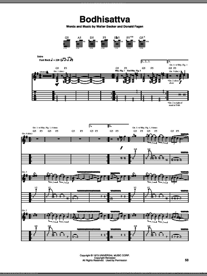 Bodhisattva sheet music for guitar (tablature) by Steely Dan, Donald Fagen and Walter Becker, intermediate skill level