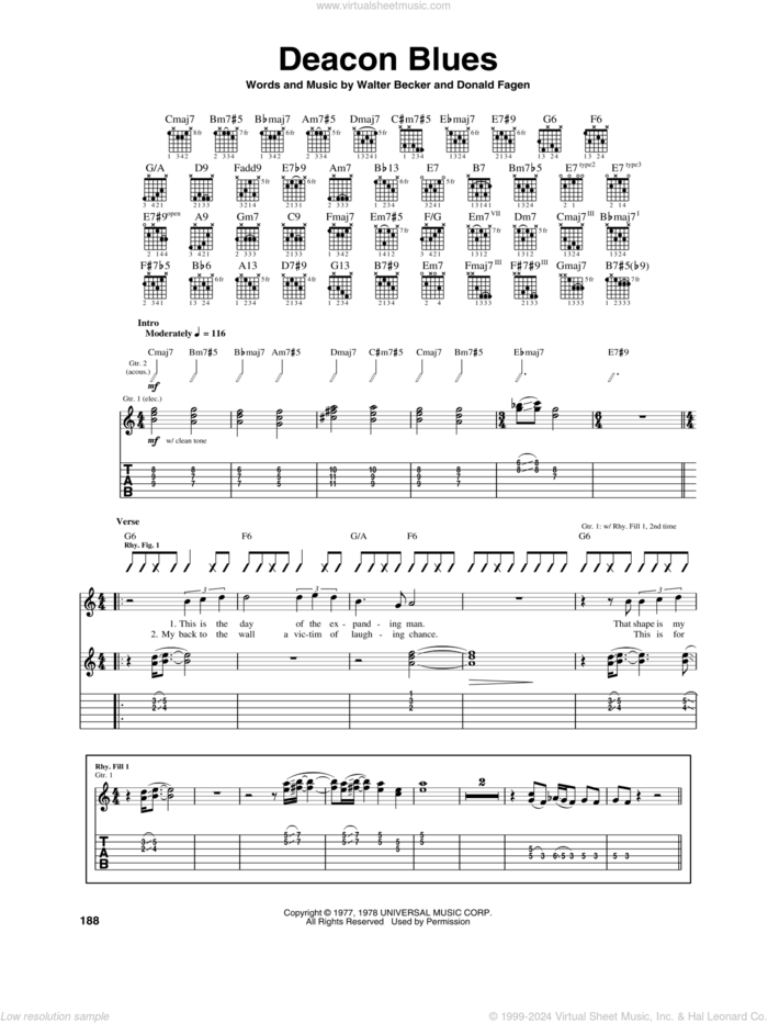 Deacon Blues sheet music for guitar (tablature) by Steely Dan, Donald Fagen and Walter Becker, intermediate skill level